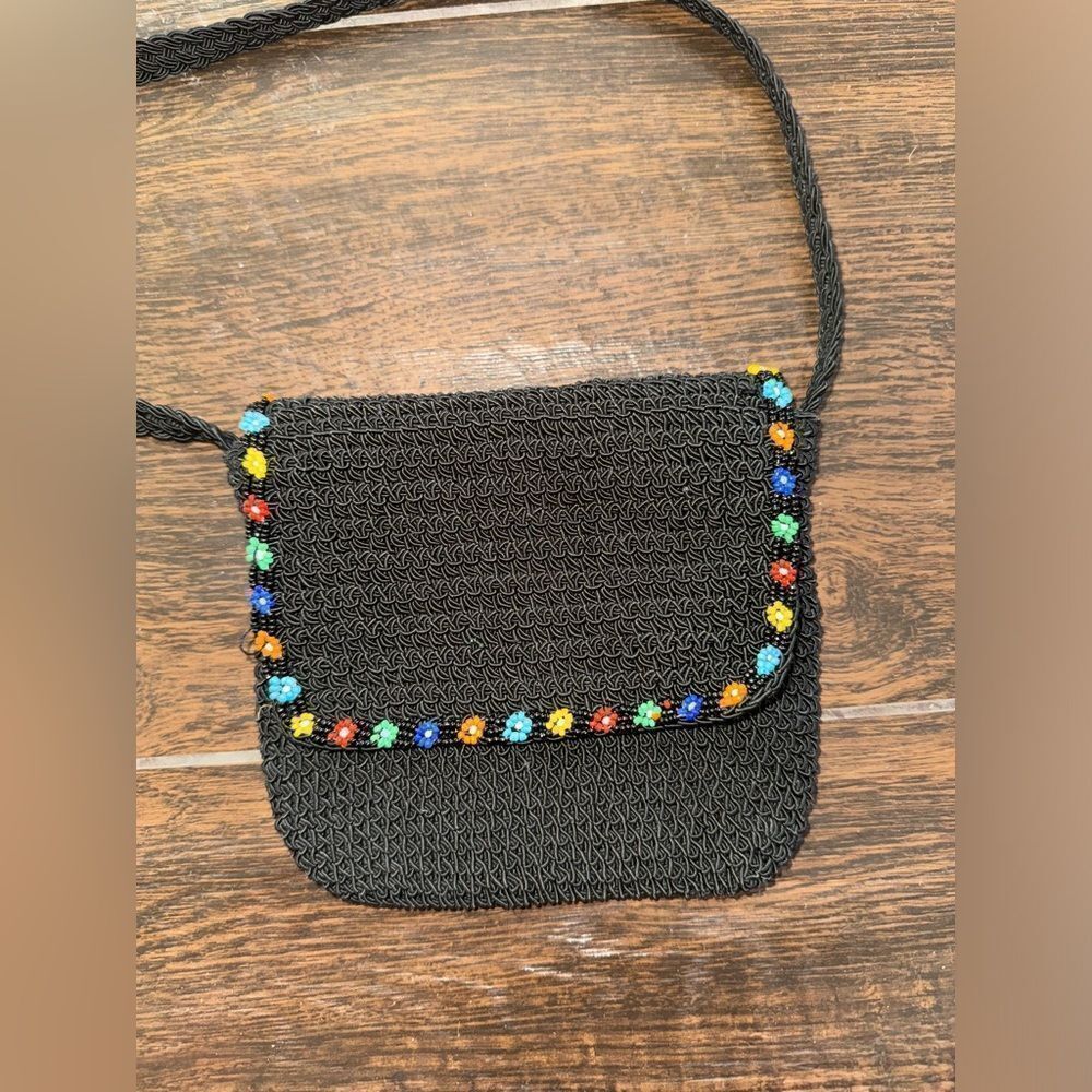 Chateau beaded mini crocheted black with beaded mini flower trim crossbody bag